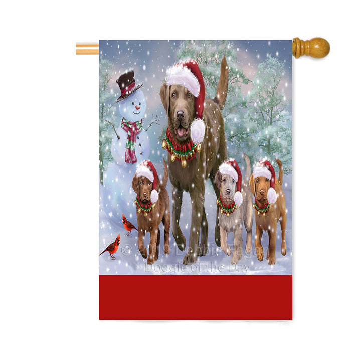 Personalized Christmas Running Family Chesapeake Bay Retriever Dogs Custom House Flag FLG-DOTD-A60382