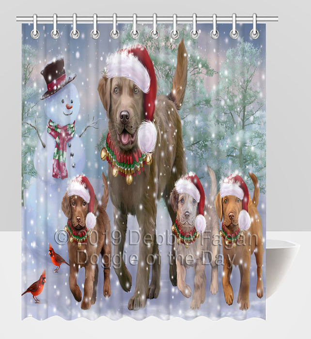 Christmas Running Fammily Chesapeake Bay Retriever Dogs Shower Curtain