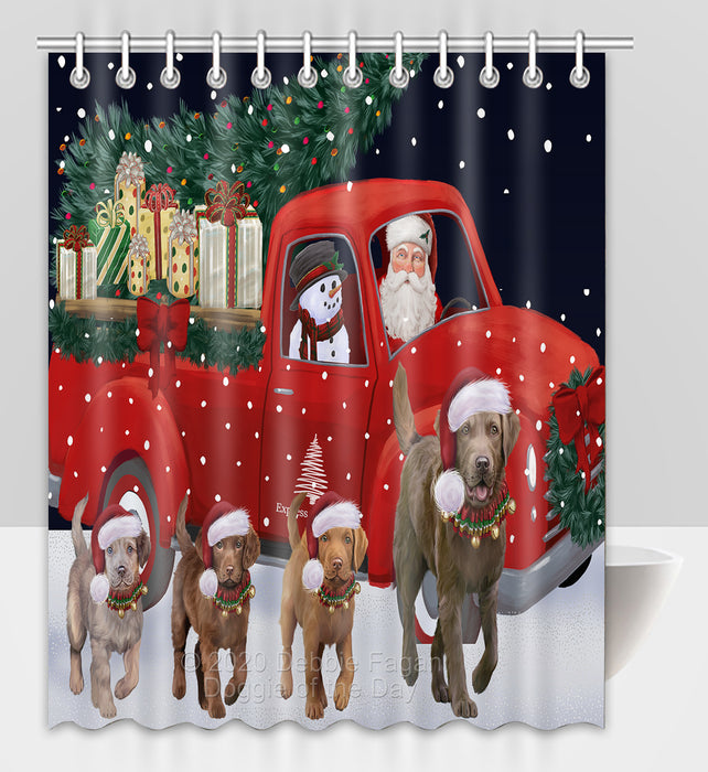 Christmas Express Delivery Red Truck Running Chesapeake Bay Retriever Dogs Shower Curtain Bathroom Accessories Decor Bath Tub Screens