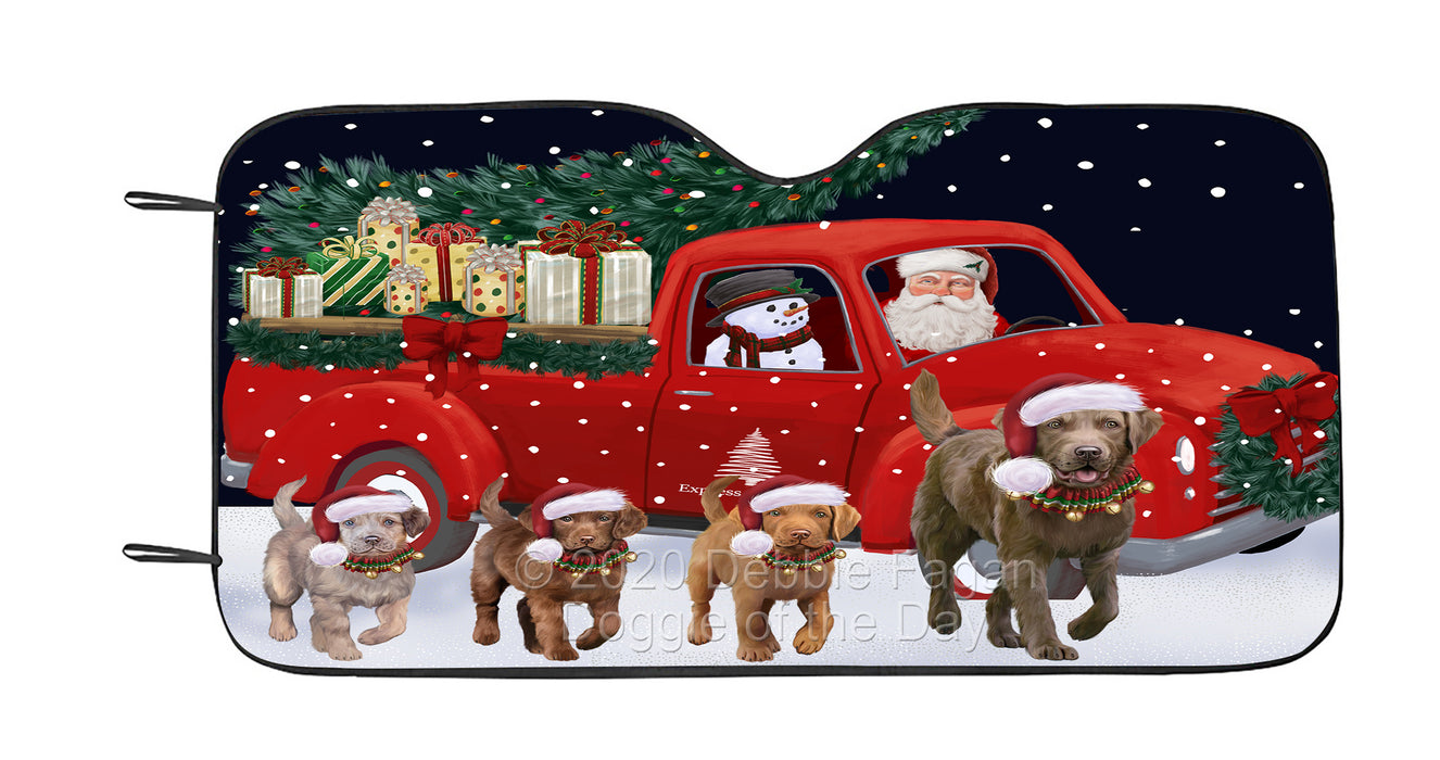 Christmas Express Delivery Red Truck Running Chesapeake Bay Retriever Dog Car Sun Shade Cover Curtain