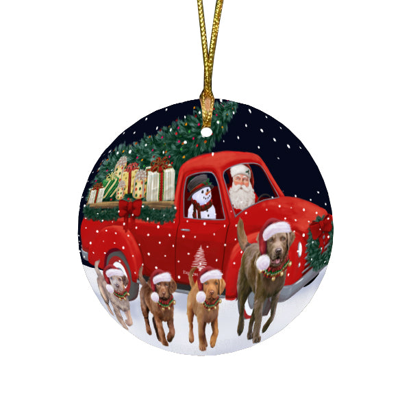 Christmas Express Delivery Red Truck Running Chesapeake Bay Retriever Dogs Round Flat Christmas Ornament RFPOR57738