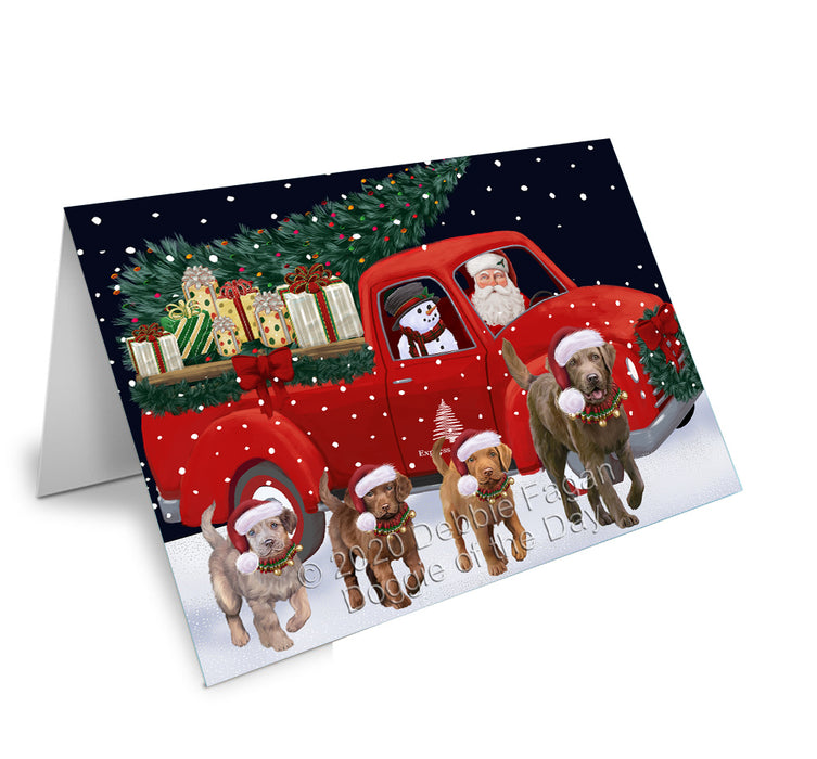 Christmas Express Delivery Red Truck Running Chesapeake Bay Retriever Dogs Handmade Artwork Assorted Pets Greeting Cards and Note Cards with Envelopes for All Occasions and Holiday Seasons GCD75101