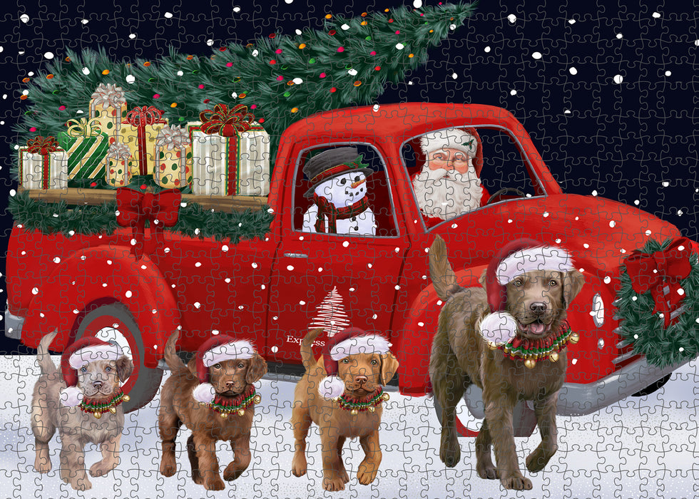 Christmas Express Delivery Red Truck Running Chesapeake Bay Retriever Dogs Puzzle with Photo Tin PUZL99652