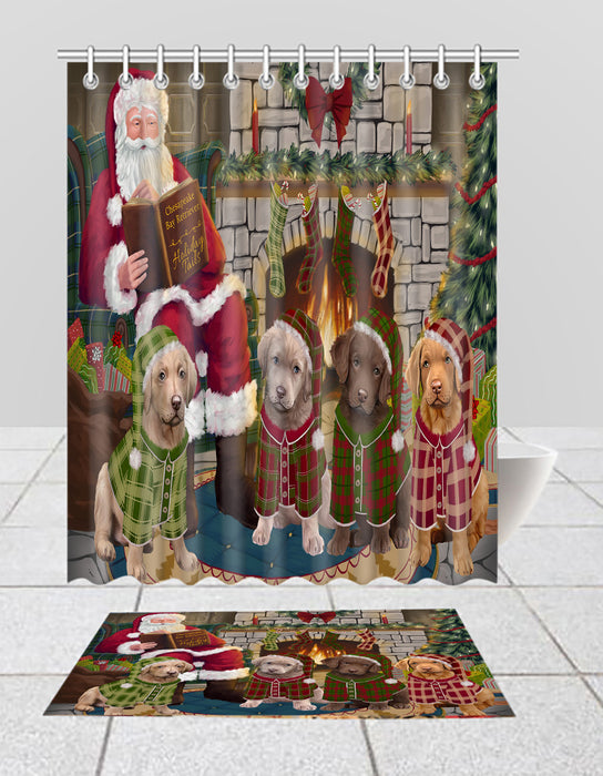 Christmas Cozy Holiday Fire Tails Chesapeake Bay Retriever Dogs Bath Mat and Shower Curtain Combo