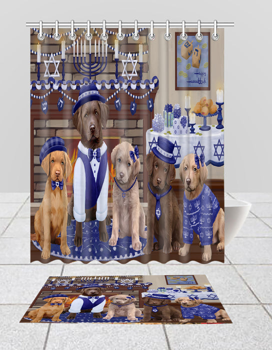 Happy Hanukkah Family Chesapeake Bay Retriever Dogs Bath Mat and Shower Curtain Combo