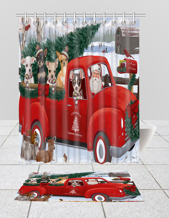 Christmas Santa Express Delivery Red Truck Chihuahua Dogs Bath Mat and Shower Curtain Combo