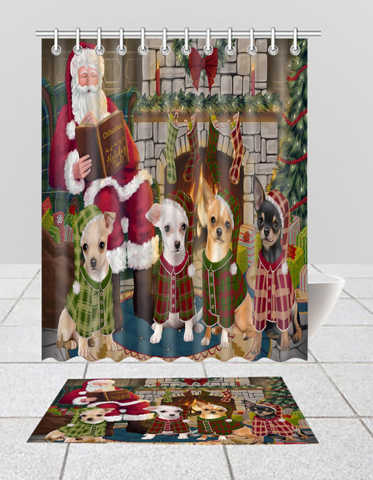 Christmas Cozy Holiday Fire Tails Chihuahua Dogs Bath Mat and Shower Curtain Combo