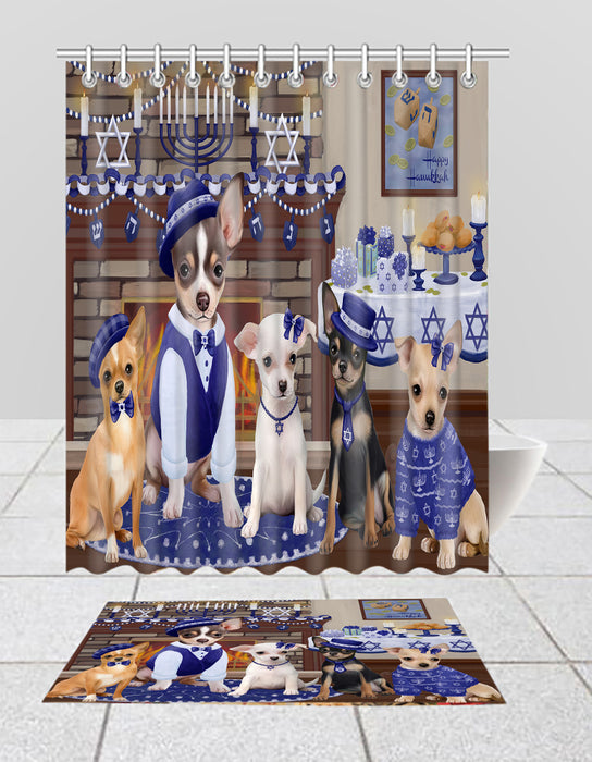 Happy Hanukkah Family Chihuahua Dogs Bath Mat and Shower Curtain Combo