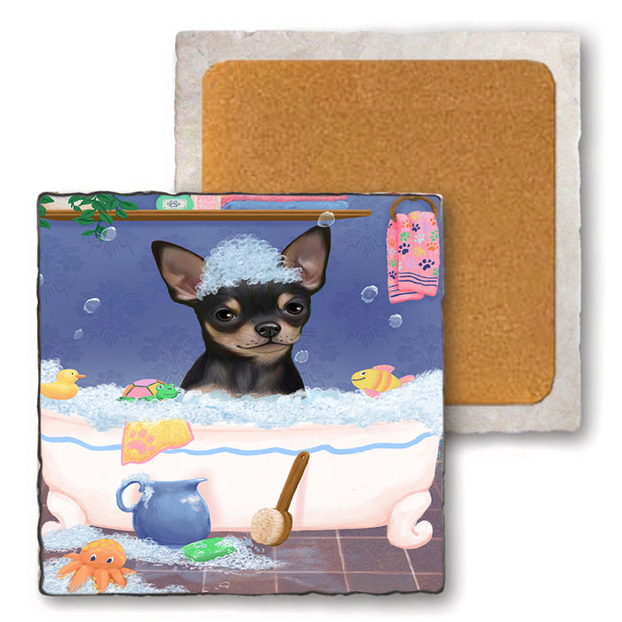 Rub A Dub Dog In A Tub Chihuahua Dog Set of 4 Natural Stone Marble Tile Coasters MCST52342