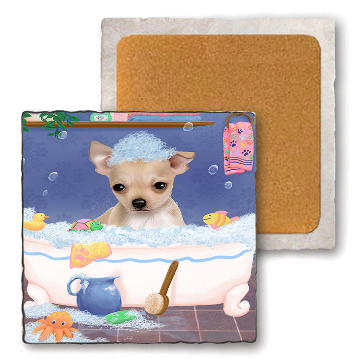 Rub A Dub Dog In A Tub Chihuahua Dog Set of 4 Natural Stone Marble Tile Coasters MCST52343