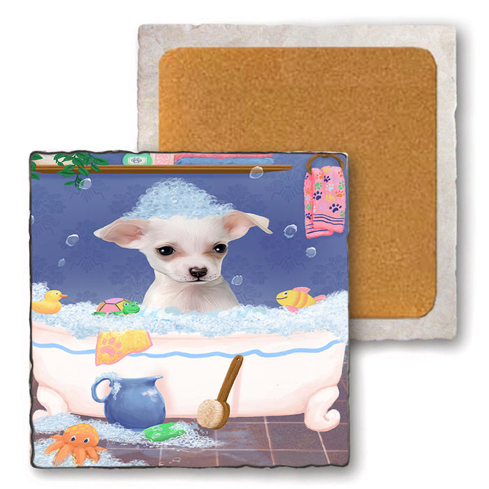 Rub A Dub Dog In A Tub Chihuahua Dog Set of 4 Natural Stone Marble Tile Coasters MCST52344