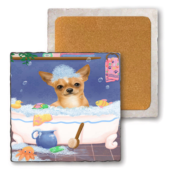 Rub A Dub Dog In A Tub Chihuahua Dog Set of 4 Natural Stone Marble Tile Coasters MCST52345