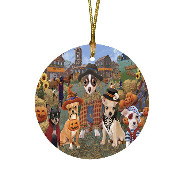 Halloween 'Round Town And Fall Pumpkin Scarecrow Both Chihuahua Dogs Round Flat Christmas Ornament RFPOR57392