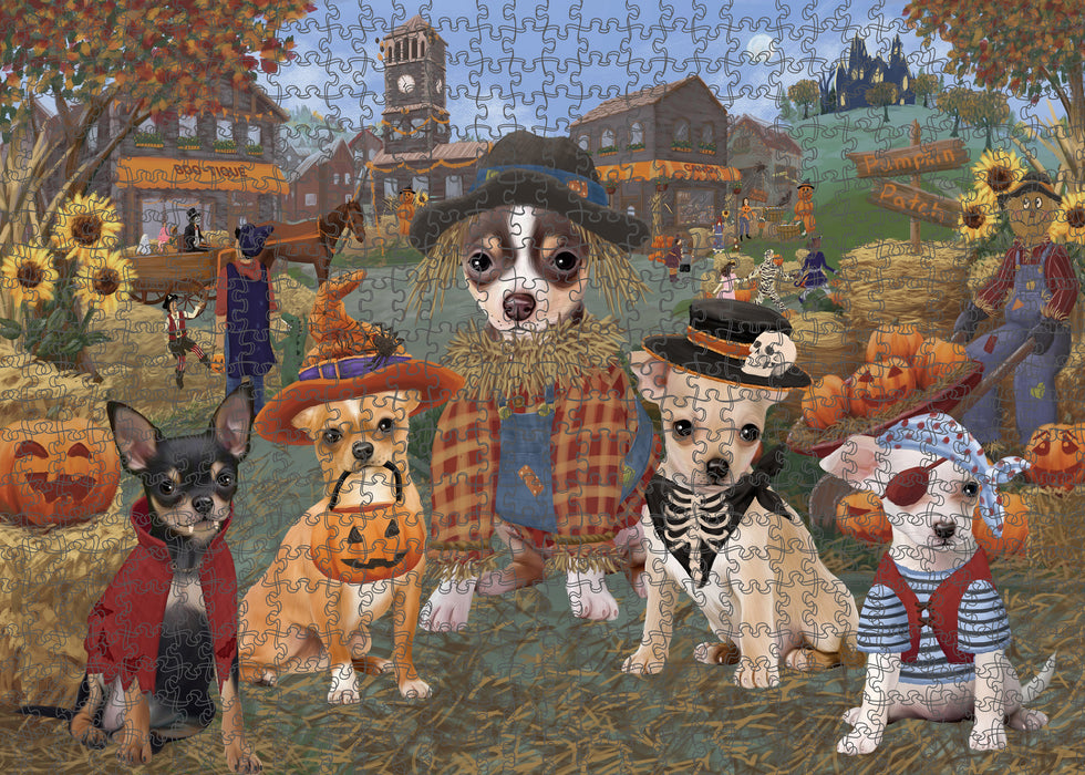 Halloween 'Round Town And Fall Pumpkin Scarecrow Both Chihuahua Dogs Puzzle with Photo Tin PUZL96260