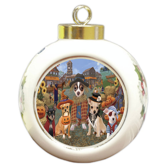 Halloween 'Round Town And Fall Pumpkin Scarecrow Both Chihuahua Dogs Round Ball Christmas Ornament RBPOR57392