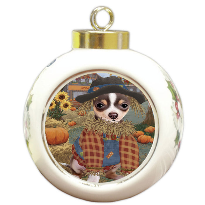 Halloween 'Round Town And Fall Pumpkin Scarecrow Both Chihuahua Dogs Round Ball Christmas Ornament RBPOR57453