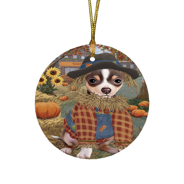 Halloween 'Round Town And Fall Pumpkin Scarecrow Both Chihuahua Dogs Round Flat Christmas Ornament RFPOR57453