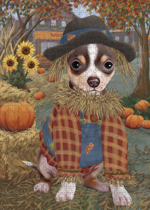 Halloween 'Round Town And Fall Pumpkin Scarecrow Both Chihuahua Dogs Puzzle with Photo Tin PUZL96504