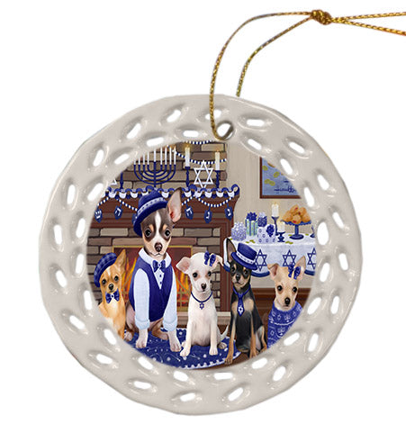 Happy Hanukkah Family Chihuahua Dogs Ceramic Doily Ornament DPOR57610