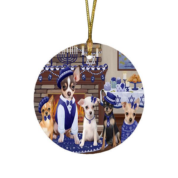 Happy Hanukkah Family and Happy Hanukkah Both Chihuahua Dogs Round Flat Christmas Ornament RFPOR57514
