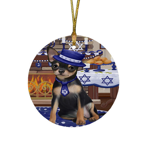 Happy Hanukkah Family and Happy Hanukkah Both Chihuahua Dog Round Flat Christmas Ornament RFPOR57570