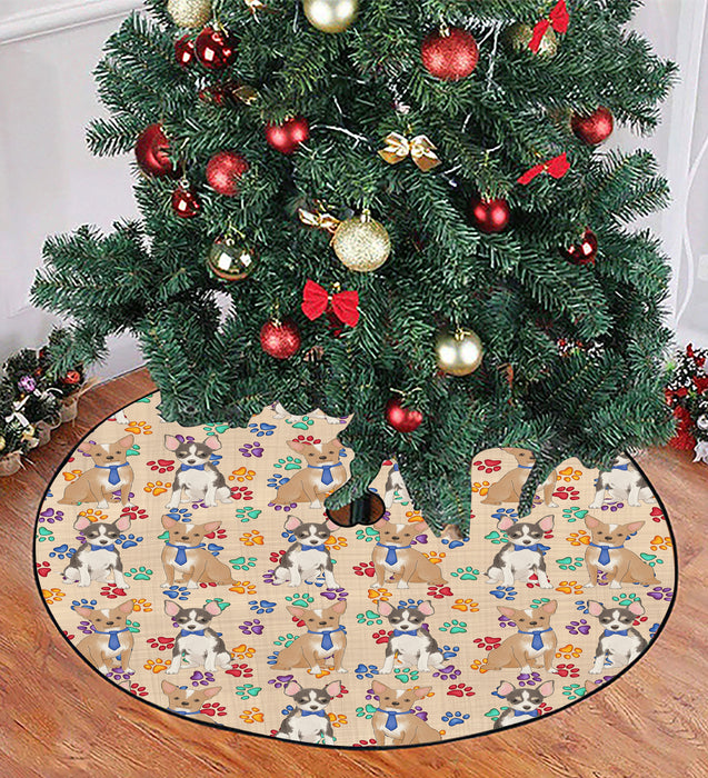 Rainbow Paw Print Chihuahua Dogs Blue Christmas Tree Skirt