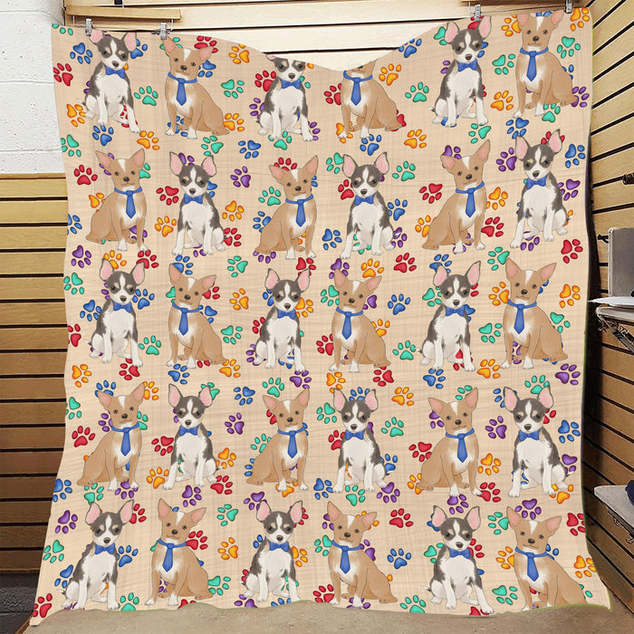 Rainbow Paw Print Chihuahua Dogs Blue Quilt