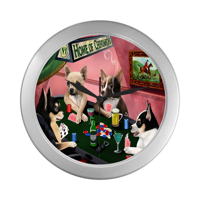 Home of Chihuahua Dogs Playing Poker Silver Wall Clocks