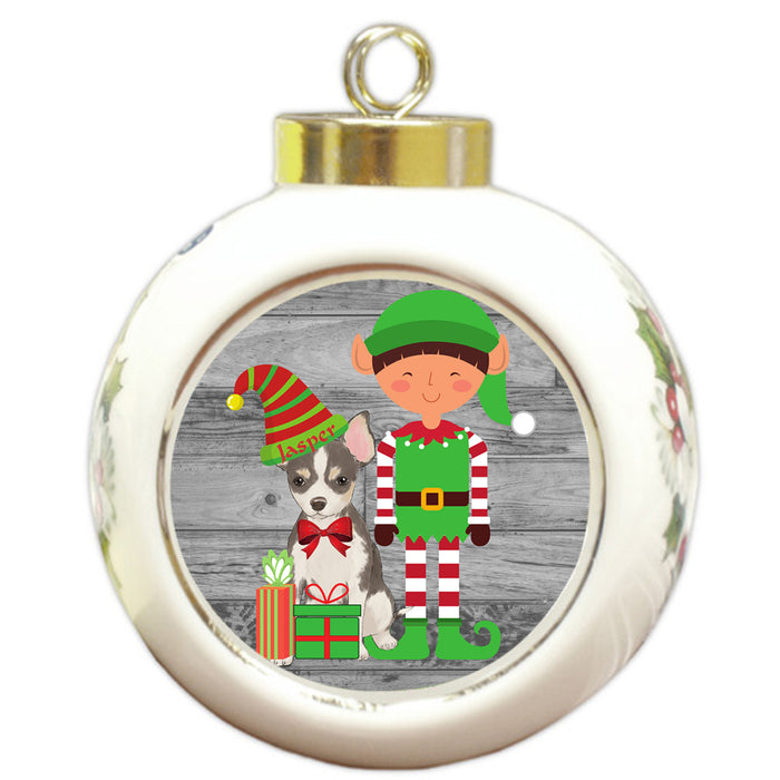 Custom Personalized Chihuahua Dog Elfie and Presents Christmas Round Ball Ornament