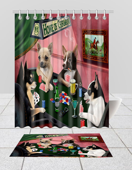 Home of  Chihuahua Dogs Playing Poker Bath Mat and Shower Curtain Combo