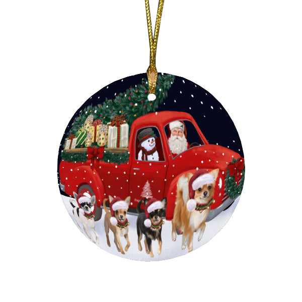 Christmas Express Delivery Red Truck Running Chihuahua Dogs Round Flat Christmas Ornament RFPOR57739