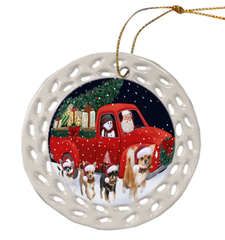 Christmas Express Delivery Red Truck Running Chihuahua Dog Doily Ornament DPOR59256