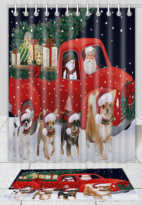 Christmas Express Delivery Red Truck Running Chihuahua Dogs Bath Mat and Shower Curtain Combo