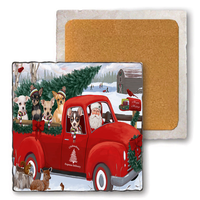 Christmas Santa Express Delivery Chihuahuas Dog Family Set of 4 Natural Stone Marble Tile Coasters MCST50027