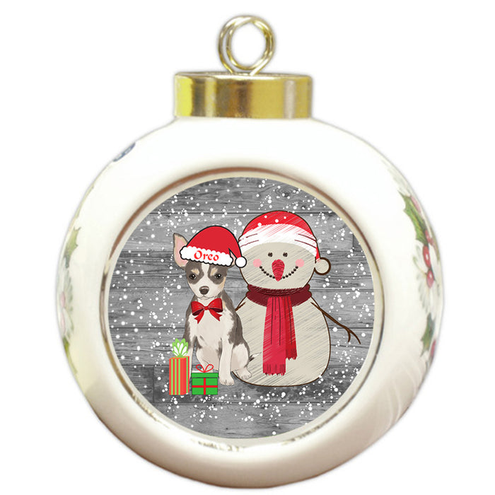 Custom Personalized Snowy Snowman and Chihuahua Dog Christmas Round Ball Ornament