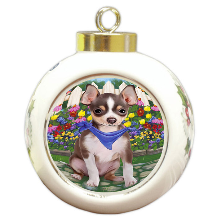 Spring Floral Chihuahua Dog Round Ball Christmas Ornament RBPOR49849