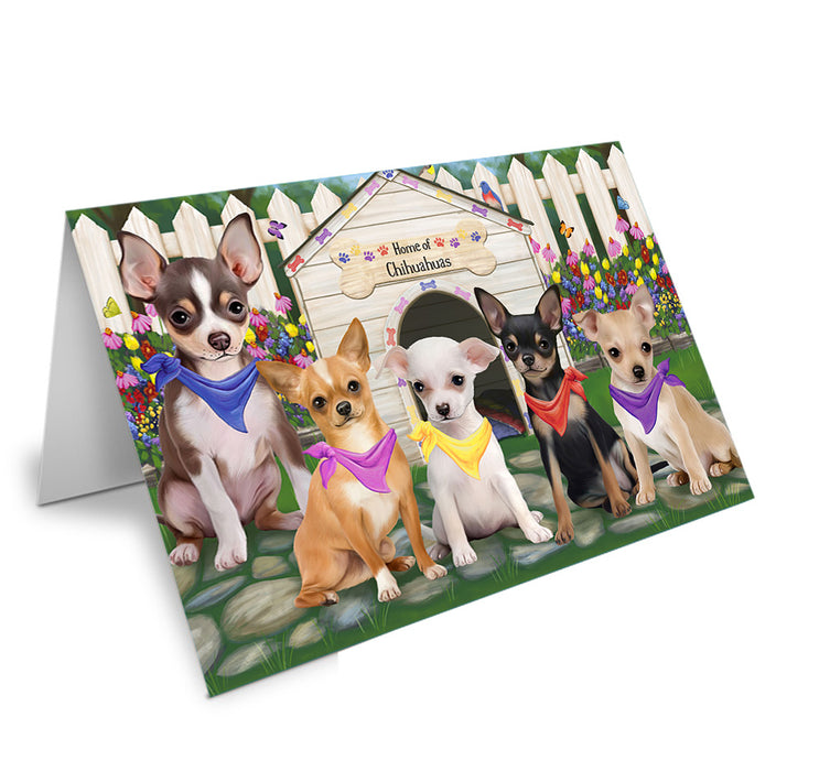 Spring Dog House Chihuahuas Dog Handmade Artwork Assorted Pets Greeting Cards and Note Cards with Envelopes for All Occasions and Holiday Seasons GCD53579