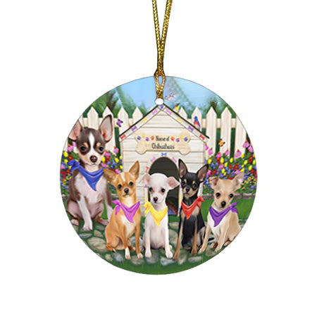 Spring Dog House Chihuahuas Dog Round Flat Christmas Ornament RFPOR49841
