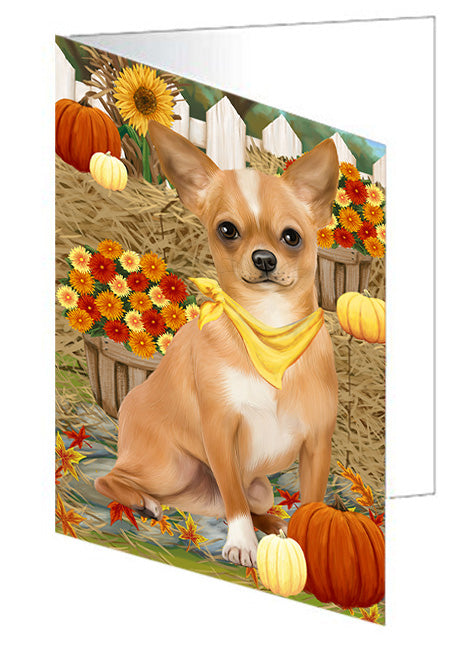 Fall Autumn Greeting Chihuahua Dog with Pumpkins Handmade Artwork Assorted Pets Greeting Cards and Note Cards with Envelopes for All Occasions and Holiday Seasons GCD56216