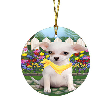 Spring Floral Chihuahua Dog Round Flat Christmas Ornament RFPOR49842