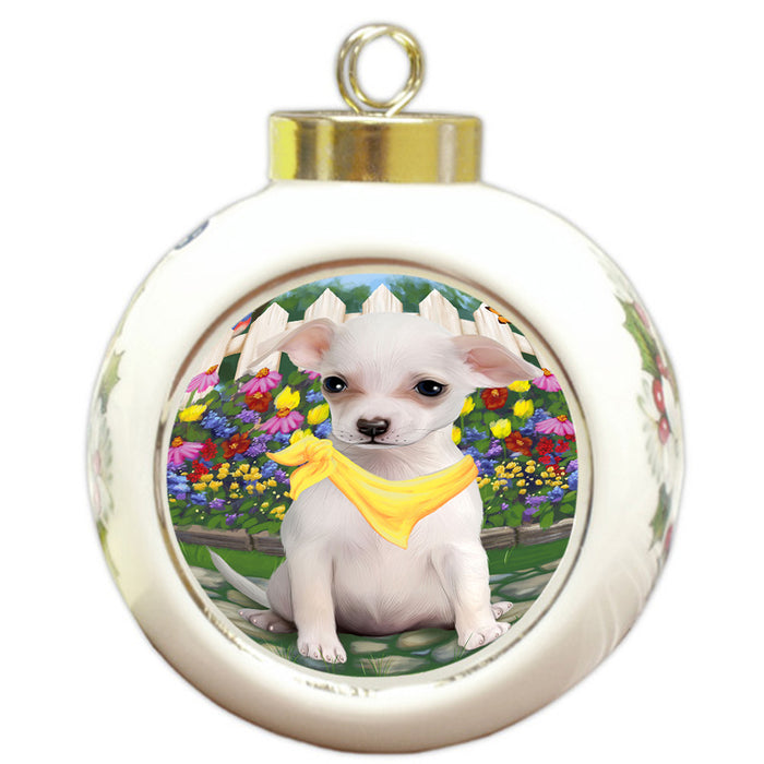 Spring Floral Chihuahua Dog Round Ball Christmas Ornament RBPOR49851