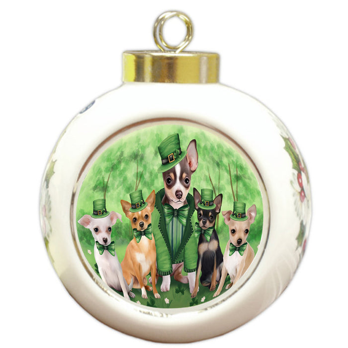 St. Patricks Day Irish Family Portrait Chihuahuas Dog Round Ball Christmas Ornament RBPOR48777