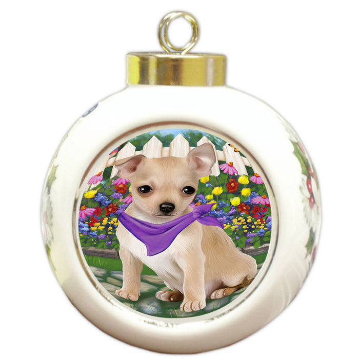 Spring Floral Chihuahua Dog Round Ball Christmas Ornament RBPOR49853