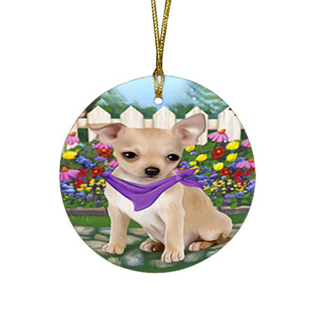 Spring Floral Chihuahua Dog Round Flat Christmas Ornament RFPOR49844