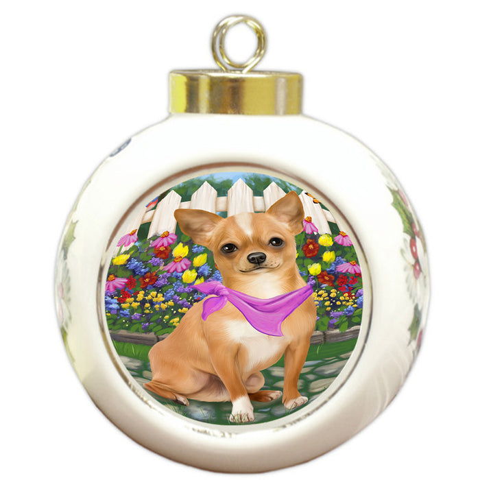 Spring Floral Chihuahua Dog Round Ball Christmas Ornament RBPOR49854