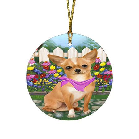 Spring Floral Chihuahua Dog Round Flat Christmas Ornament RFPOR49845