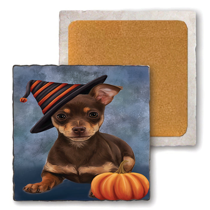 Happy Halloween Chihuahua Dog Wearing Witch Hat with Pumpkin Set of 4 Natural Stone Marble Tile Coasters MCST49882