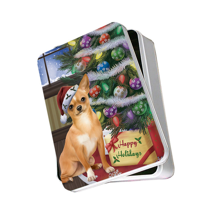 Christmas Happy Holidays Chihuahua Dog with Tree and Presents Photo Storage Tin PITN53762