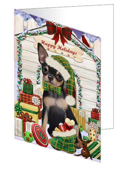 Happy Holidays Christmas Chihuahua Dog House with Presents Handmade Artwork Assorted Pets Greeting Cards and Note Cards with Envelopes for All Occasions and Holiday Seasons GCD58205