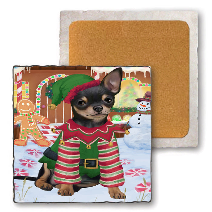 Christmas Gingerbread House Candyfest Chihuahua Dog Set of 4 Natural Stone Marble Tile Coasters MCST51302